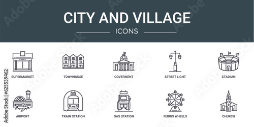 set of 10 outline web city and village icons such as supermarket, townhouse, goverment, street light, stadium, airport, train station vector icons for report, presentation, diagram, web design, © MacroOne