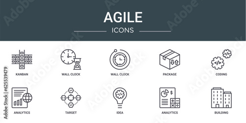 set of 10 outline web agile icons such as kanban, wall clock, wall clock, package, coding, analytics, target vector icons for report, presentation, diagram, web design, mobile app
