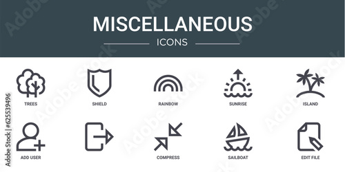 set of 10 outline web miscellaneous icons such as trees, shield, rainbow, sunrise, island, add user, vector icons for report, presentation, diagram, web design, mobile app