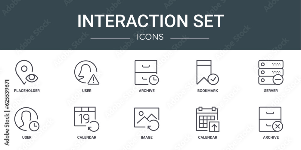 set of 10 outline web interaction set icons such as placeholder, user, archive, bookmark, server, user, calendar vector icons for report, presentation, diagram, web design, mobile app set of 10 outline web interaction set icons such as placeholder, user, archive, bookmark, server, user, calendar vector icons for report, presentation, diagram, web design, mobile app