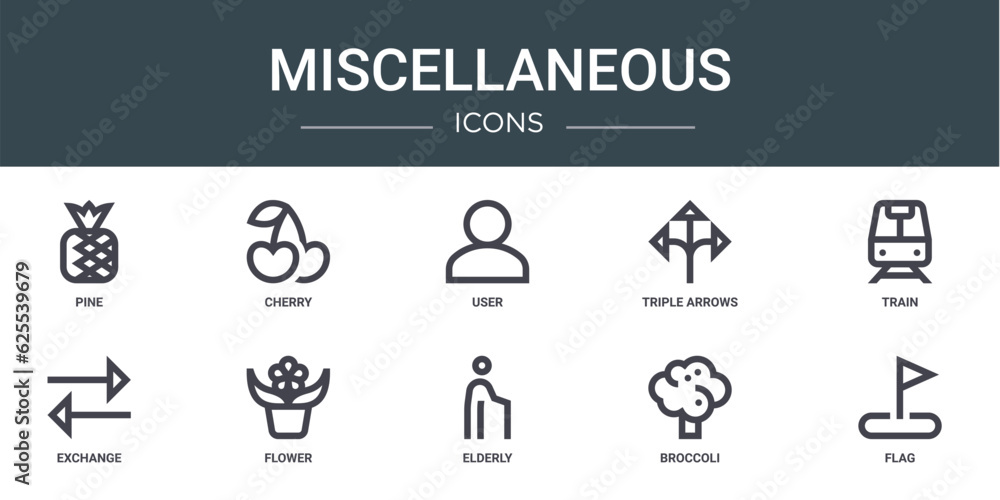 set of 10 outline web miscellaneous icons such as pine, cherry, user, triple arrows, train, exchange, flower vector icons for report, presentation, diagram, web design, mobile app