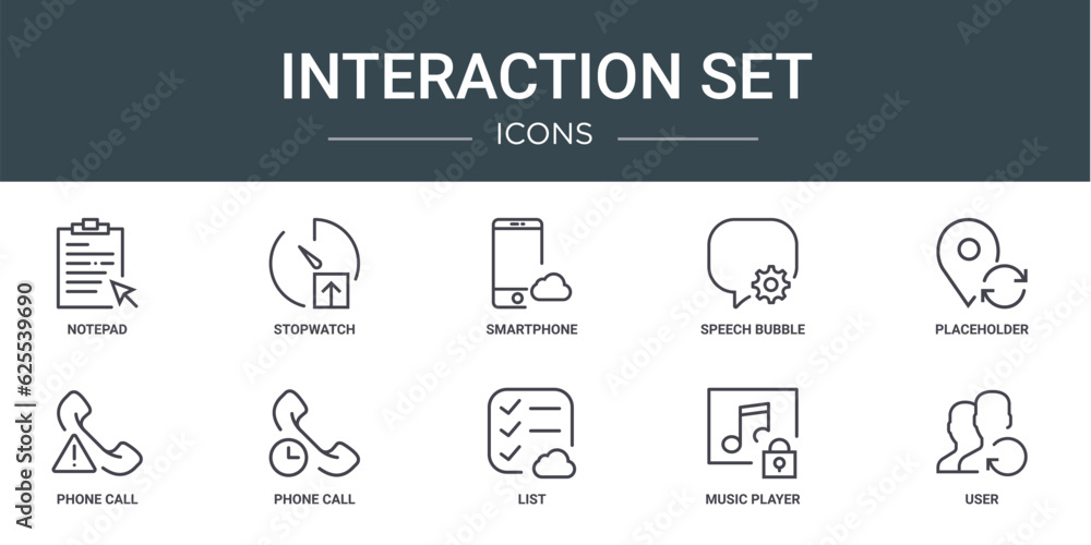 set of 10 outline web interaction set icons such as notepad, stopwatch, smartphone, speech bubble, placeholder, phone call, phone call vector icons for report, presentation, diagram, web design,