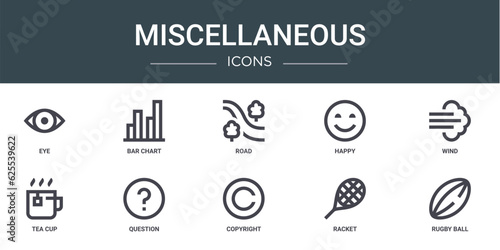 set of 10 outline web miscellaneous icons such as eye, bar chart, road, happy, wind, tea cup, question vector icons for report, presentation, diagram, web design, mobile app