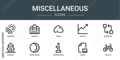 set of 10 outline web miscellaneous icons such as rainbow, mosque, cloud, profits, workflow, hydrant, moon phase vector icons for report, presentation, diagram, web design, mobile app