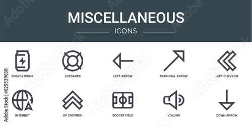 set of 10 outline web miscellaneous icons such as energy drink, lifesaver, left arrow, diagonal arrow, left chevron, internet, up chevron vector icons for report, presentation, diagram, web design,