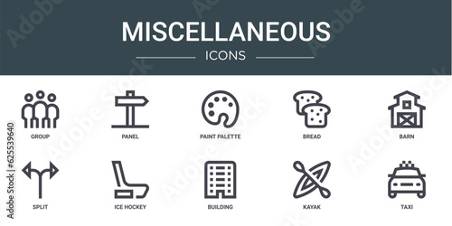 set of 10 outline web miscellaneous icons such as group, panel, paint palette, bread, barn, split, ice hockey vector icons for report, presentation, diagram, web design, mobile app