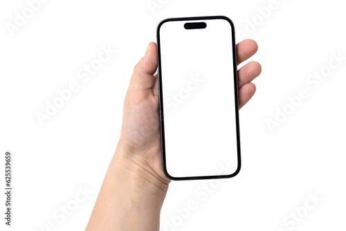 Smartphone with a blank screen on a white background. Smartphone mockup in hand close up isolated on white background.