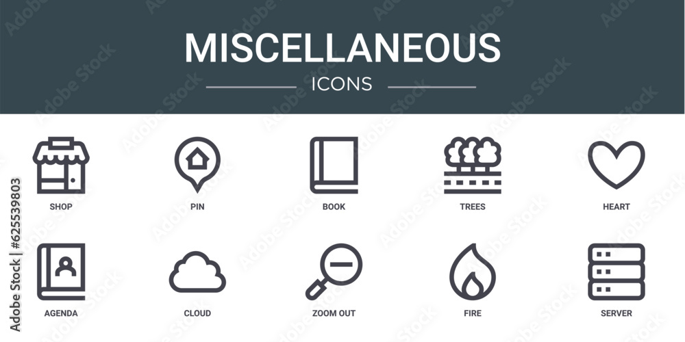 set of 10 outline web miscellaneous icons such as shop, pin, book, trees, heart, agenda, cloud vector icons for report, presentation, diagram, web design, mobile app