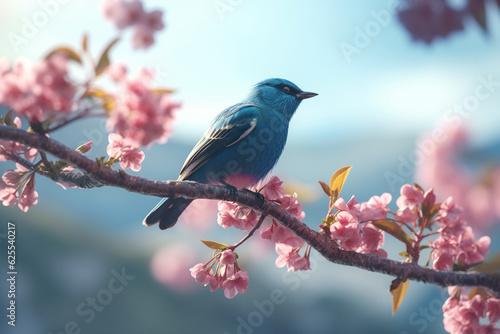Blue bird on sakura branch with pink flowers in spring time. generative ai