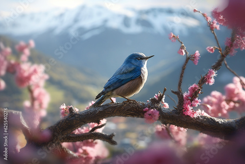Blue bird on sakura branch with pink flowers in spring time. generative ai © Graphicsstudio 5