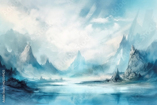 Digital painting of mountain landscape with snow and ice. Digital painting. generative ai