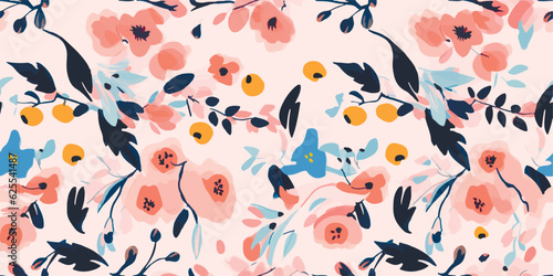 Blossom bright hand drawn floral ornament pattern. Abstract romantic botanical print. Cute vector template for your design. Cartoon style