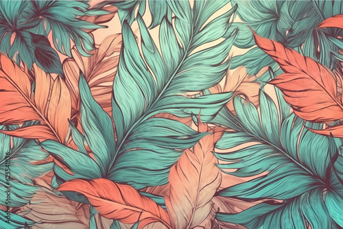 Seamless pattern with tropical flowers colorful palm leaves. and parrot. Hand drawn illustration 