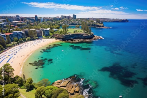 Shelly Beach and Cabbage Tree Bay, located in the suburb of Manly, can be seen from an elevated perspective. This aerial view provides a glimpse of the renowned beach and the picturesque surroundings photo