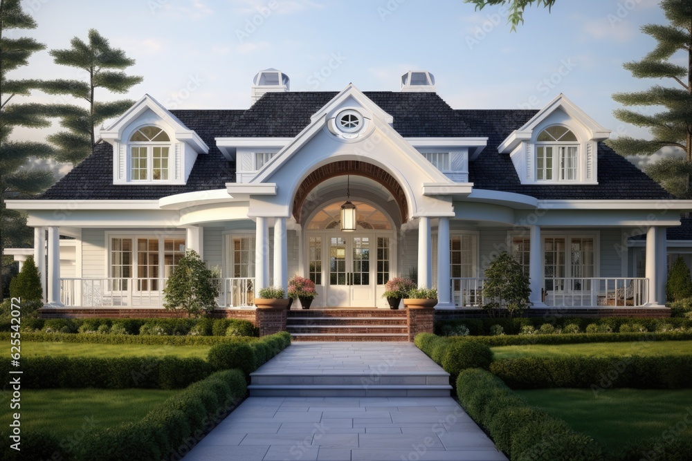 Spacious suburban house featuring a welcoming front porch and a beautiful arched entrance