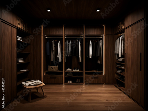 Sleek dark wood walk-in wardrobe. Generative AI © Llama-World-studio