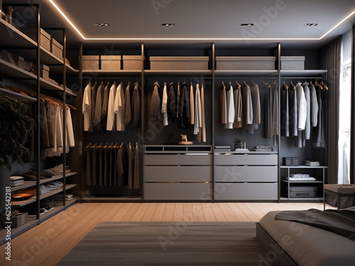 Sleek and functional grey walk-in wardrobe design. Generative AI