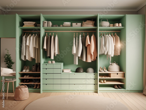 Sleek and stylish green walk-in wardrobe design. Generative AI © Llama-World-studio