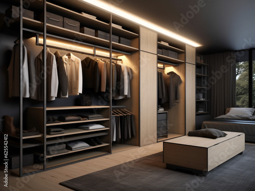 Elegant and functional modern walk-in wardrobe. Generative AI © Llama-World-studio