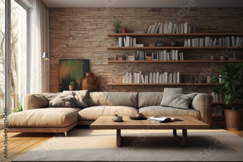Contemporary living room design featuring a cozy couch and empty area for written content.