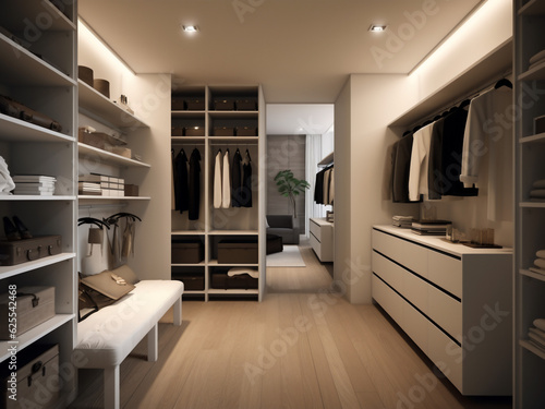 Sleek and elegant dressing room in pristine white. Generative AI © Llama-World-studio