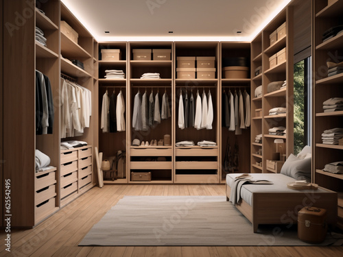 Sleek and minimalist wood walk-in wardrobe. Generative AI © Llama-World-studio