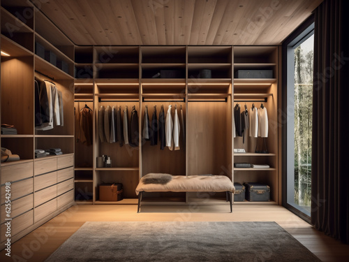 Stylish wood walk-in wardrobe design. Generative AI © Llama-World-studio