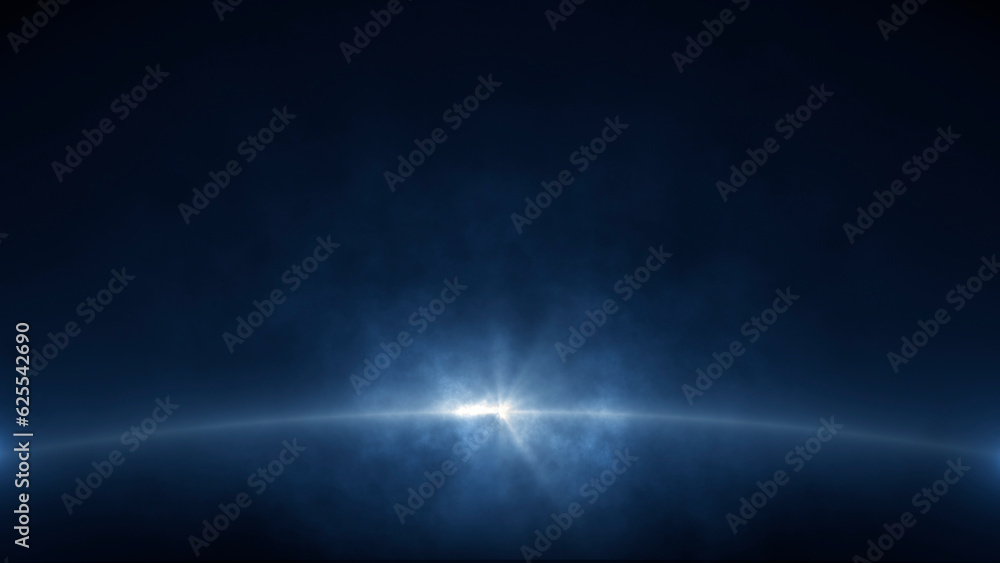 abstract futuristic light background with smoke and rays on blue backdrop, copy space for messages