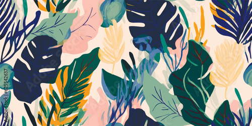 Bright modern plants collage artistic print. Trendy hand drawn contemporary seamless pattern
