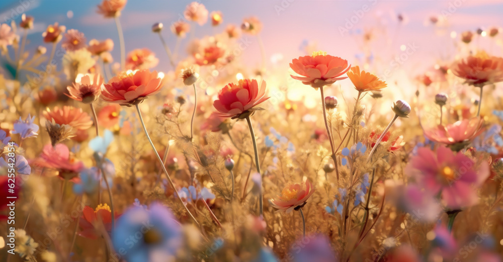 sunset violet wild flower beautiful meadow background blooming nature field pink. Generative AI.