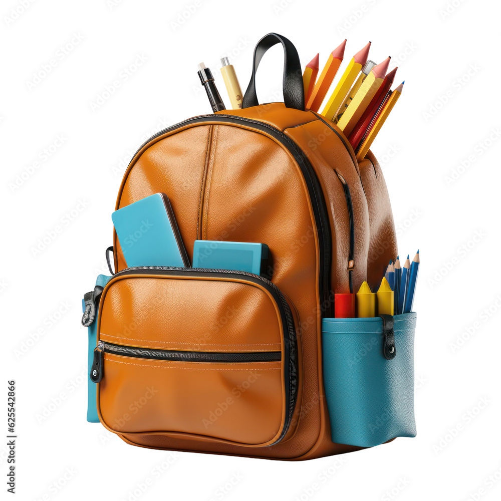 Back to school. Student backpack with supplies isolated on transparent background, PNG. Back to school. Student backpack with supplies isolated on transparent background, PNG.