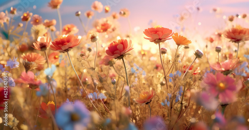 sunset violet wild flower beautiful meadow background blooming nature field pink. Generative AI.