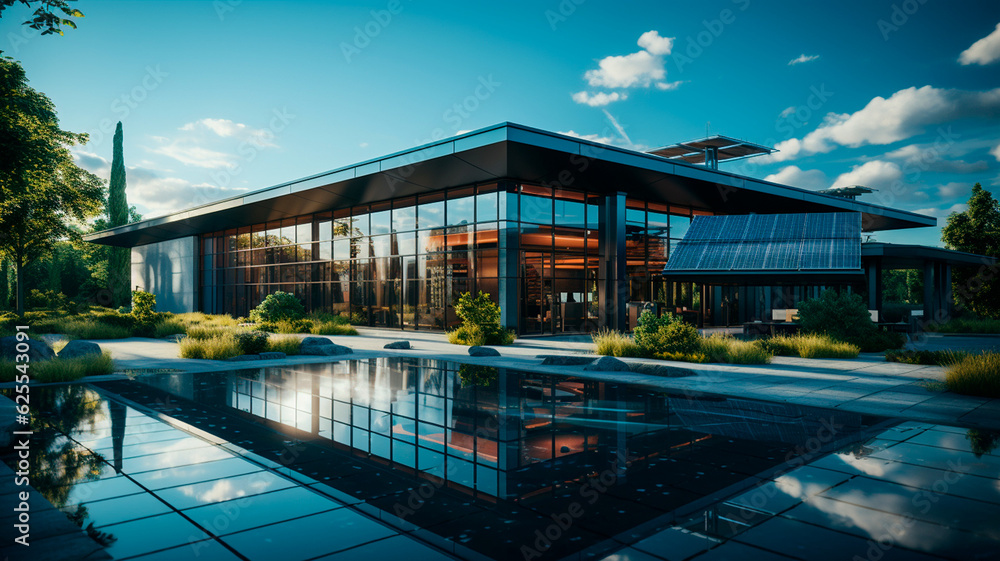 Fototapeta premium Net-Zero Energy Office Building Powered by Renewables. Generative AI.