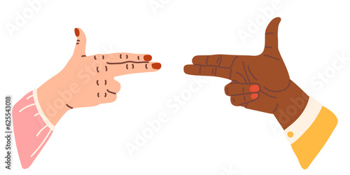 Two hands gun sign vector cartoon illustration Isolated on white. Gun pistol finger gesture. killer gesture. Bang or shooting from imaginary weapon, communication