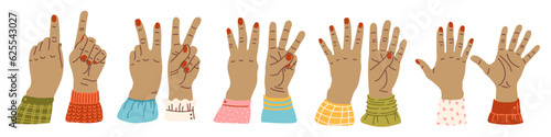 Hands count, counting on the fingers Hand gesture vector illustration isolated. Numbers on the hands. Hand smudge. different nationalities races Diverse society Cartoon style
