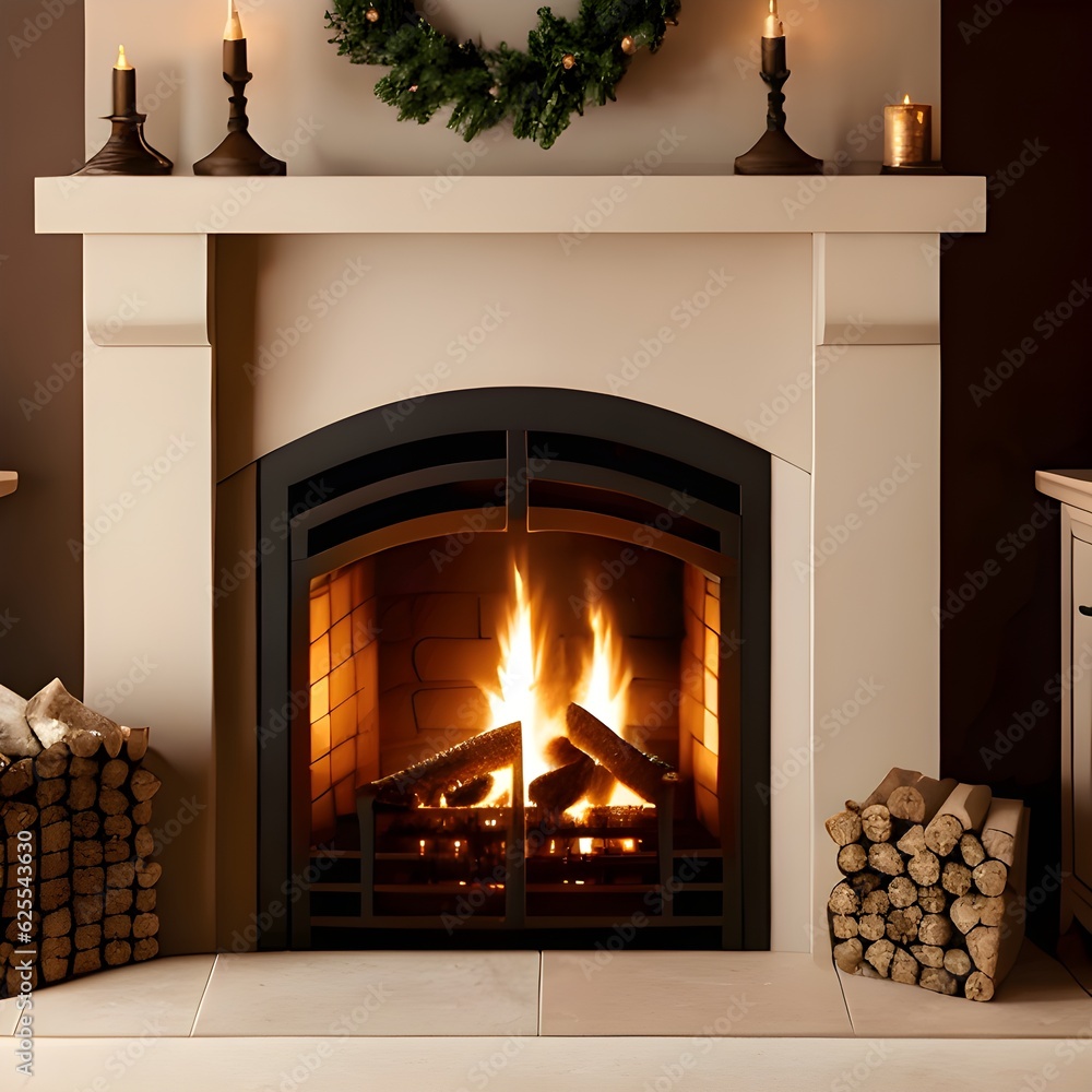Naklejka premium cosy fireplace, image of a fireplace in the background, interior home wood fire, AI Generated