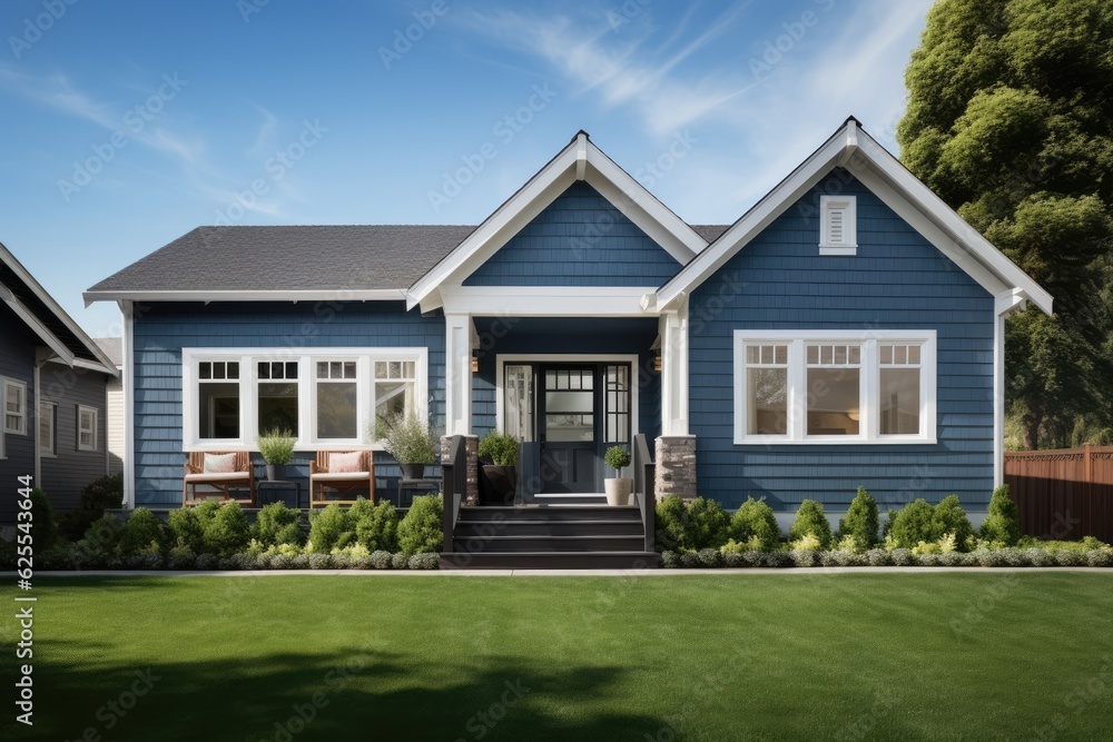 The image exhibits the front display of a recently built residence featuring blue vinyl siding. The house, designed in a ranch style, is accompanied by a spacious yard.