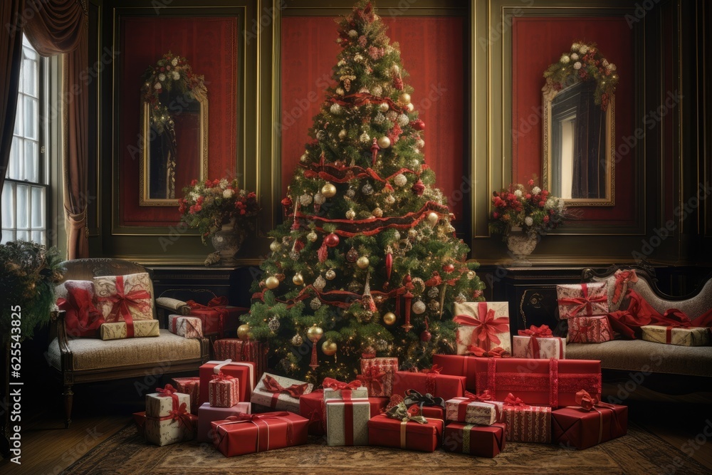 The room is adorned with delightful holiday decorations, featuring a beautifully adorned Christmas tree with gift wrapped presents placed underneath it.