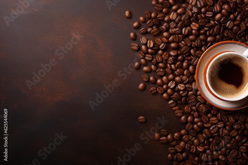 Coffee beans and cup of coffee on brown background. Top view with copy space