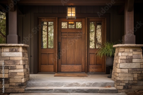 A wooden front door entrance to a home in the style of Arts and Crafts.