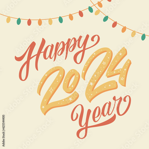 Happy new year 2024. Vintage styled new year Card with Christmas light bulbs. Color lettering design for postcard, poster, banner, greeting and new year 2024 celebration. (ID: 625544400)