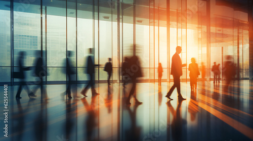 Blurred silhouette of office workers employees in a business building. Motion in business concept.