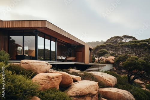 Luxurious holiday residence available for rent near Wilsons Promontory in South Australia, featuring a design reminiscent of Nordic architectural style.