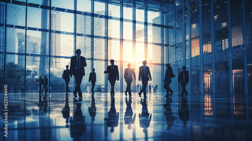 Blurred silhouette of office workers employees in a business building. Motion in business concept.