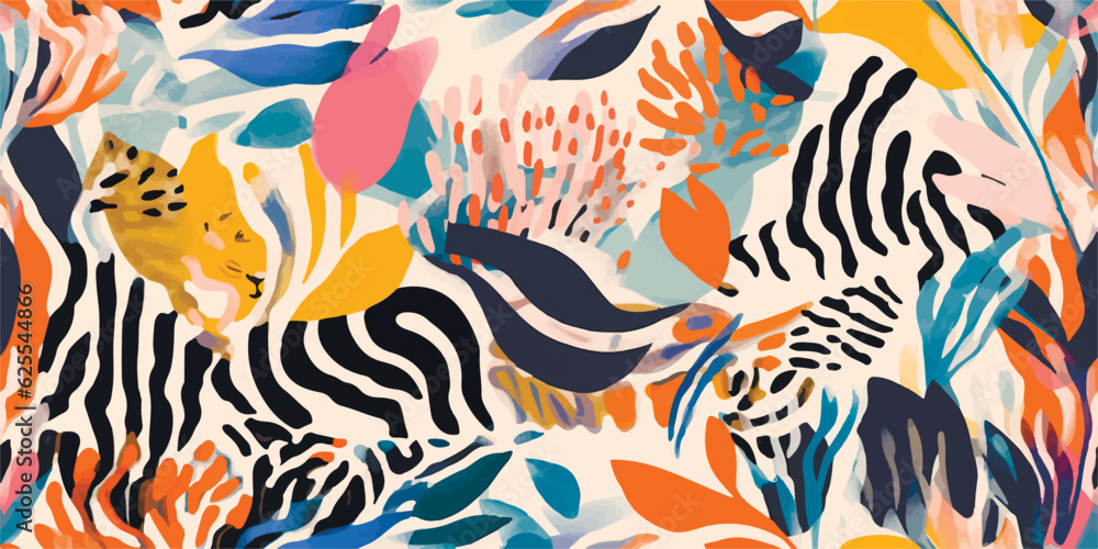 Hand drawn bohemian abstract organic shapes floral pattern with zebras skin. Collage contemporary print. Fashionable template for design. Ethnic style Hand drawn bohemian abstract organic shapes floral pattern with zebras skin. Collage contemporary print. Fashionable template for design. Ethnic style
