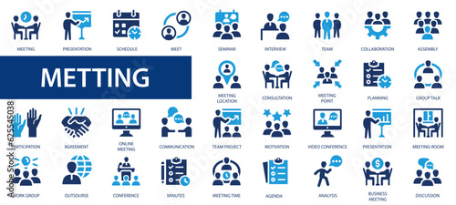 Meeting vector icon set. Conference, classroom, containing seminar, team, interview, conference, work, classroom collection.