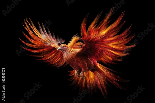 Burning bird phoenix isolated on black background. Bird phoenix. Generative Ai © tong2530