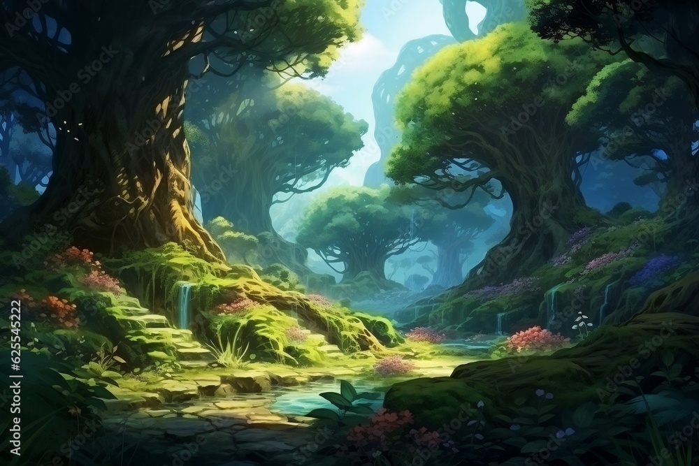 Beautiful Fairytale Enchanted Forest Blooming. Generative AI