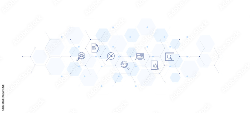 Search banner vector illustration. Style of icon between. Containing searching, preview, search, sem, search engine, seo.