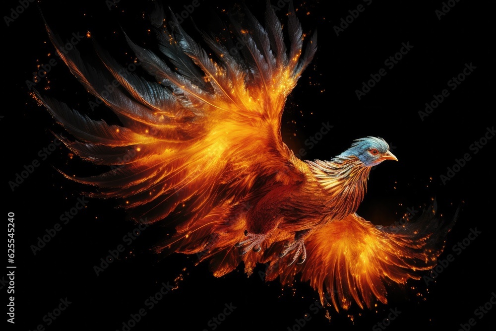 Fototapeta premium Burning bird phoenix isolated on black background. Bird phoenix. Generative Ai